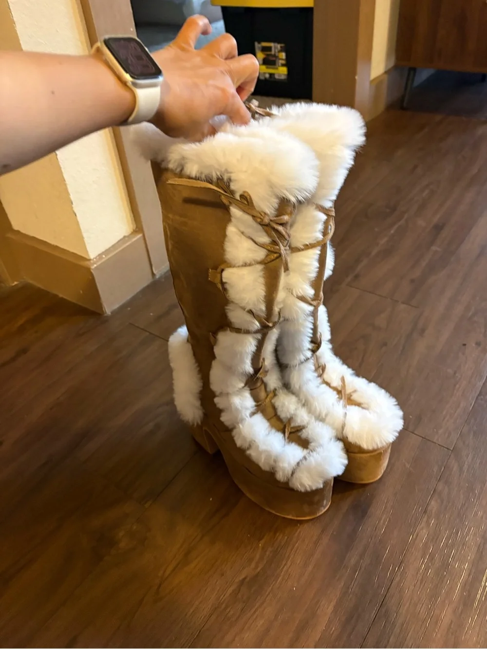 Tall Faux-Fur Trim Platform Boots in Tan